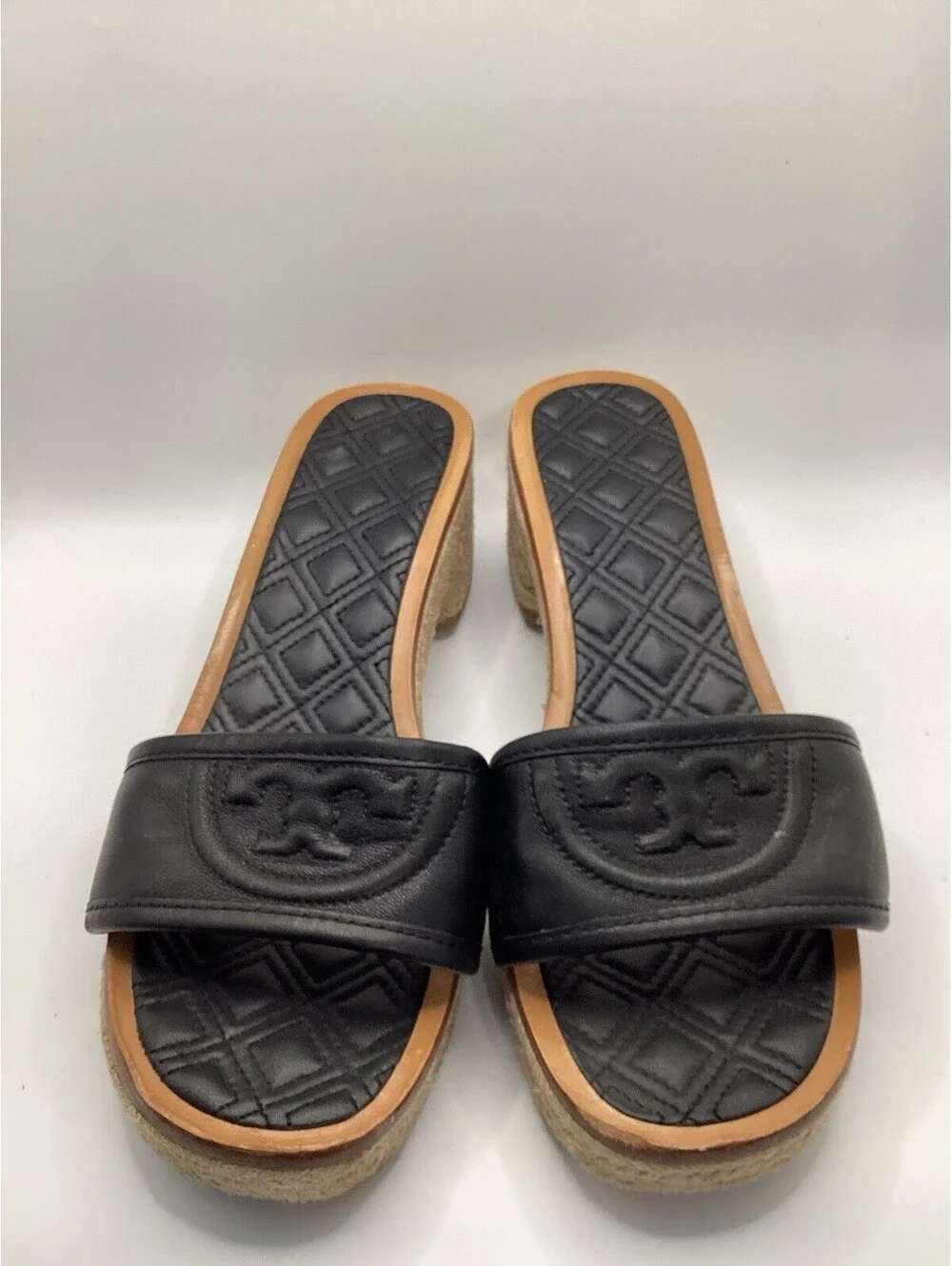 TORY BURCH Quilted Fleming Woven Wedge Espadrille Sandal Size 8.5 Black Leather